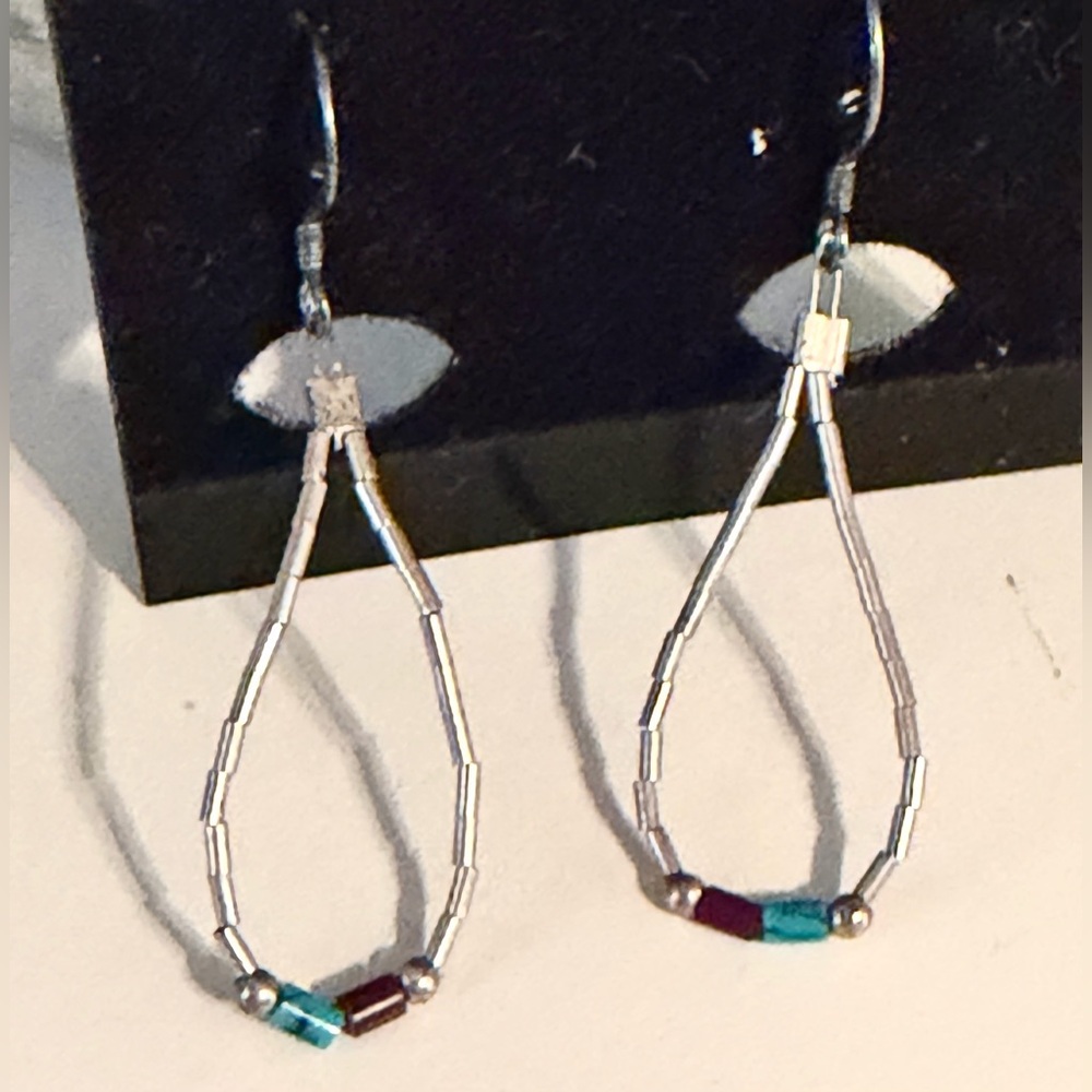 VTG Silver Teardrop Seed Bead Earrings Southwest Style